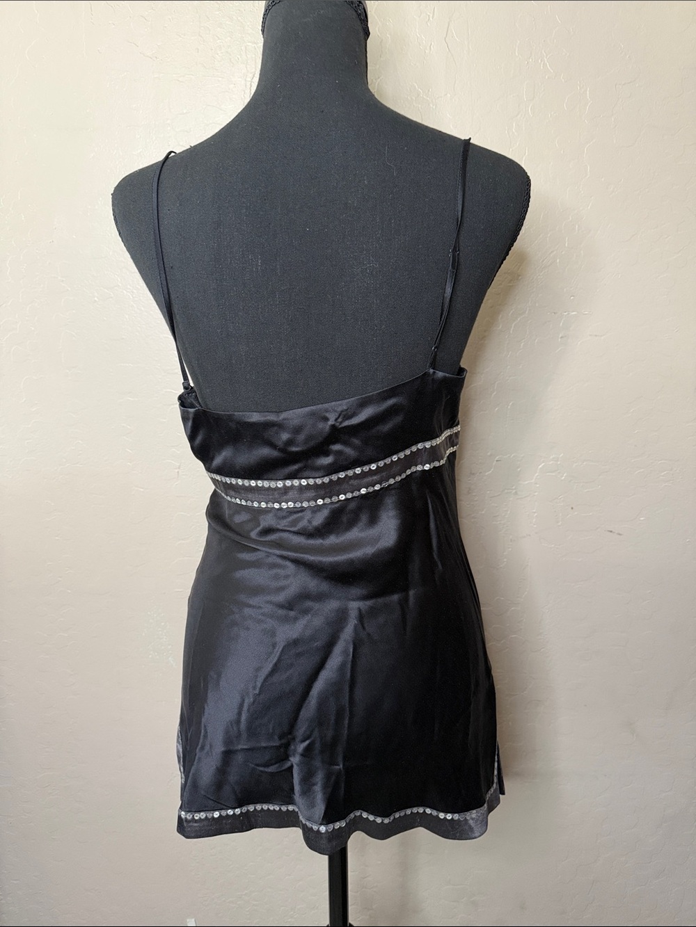 Black and White Satin Chemise Slip with Embellished Trim - Picture 3 of 5